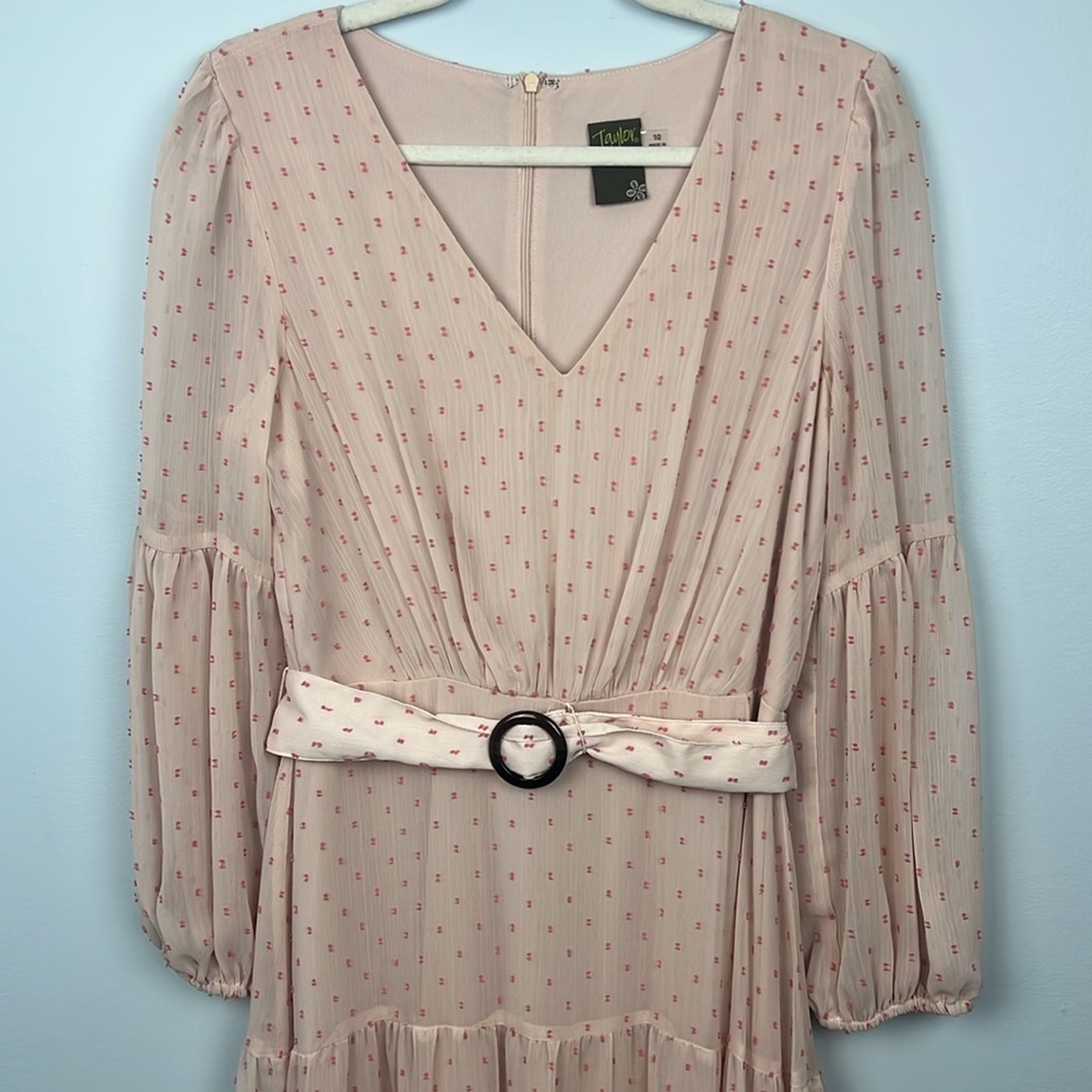 Taylor size 10 long sleeve tiered pink v neck belted maxi dress - Picture 5 of 10